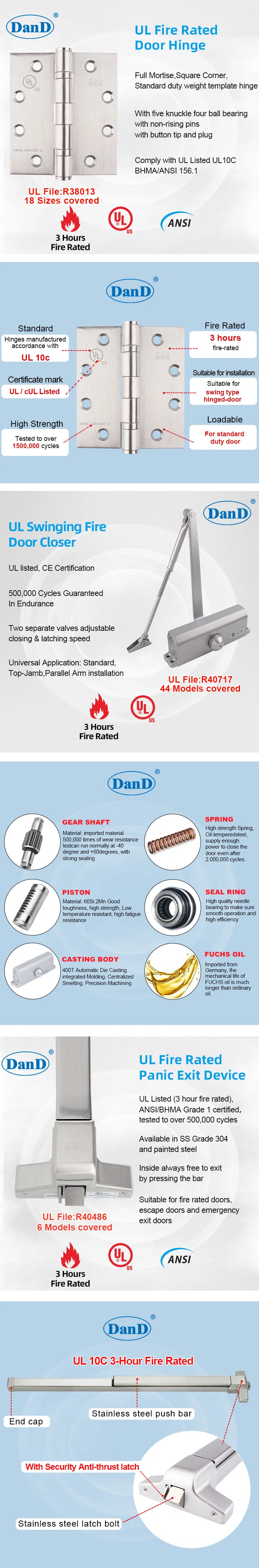 UL Listed Manufacturer Fire Rated Stainless Steel Fitting Door Hinge Hydraulic Door Closer Panic Exit Push Bar Lock Construction Wood Door Building Hardware